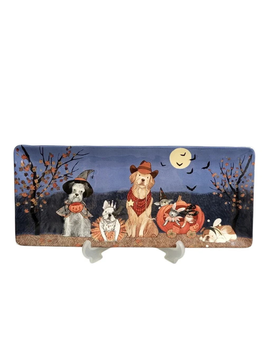 Pier 1 Park Avenue Puppies Halloween Serving Tray Dogs Cats Pumpkins 14